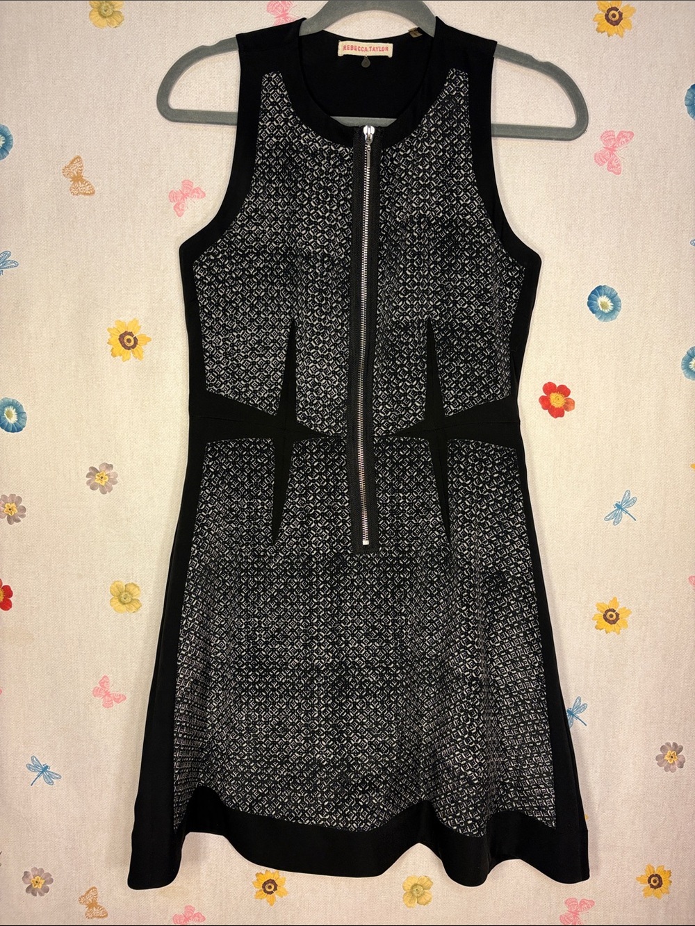 Rebecca Taylor Black and White Sleeveless Zip-Front Fit-and-Flare Dress